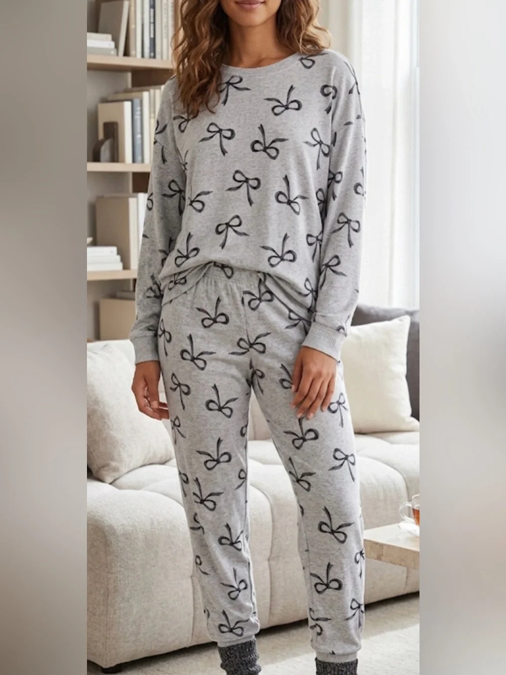 Joyspun womens cozy lounge hack knit sleep Gray Bow Print Pajama Set coquette M